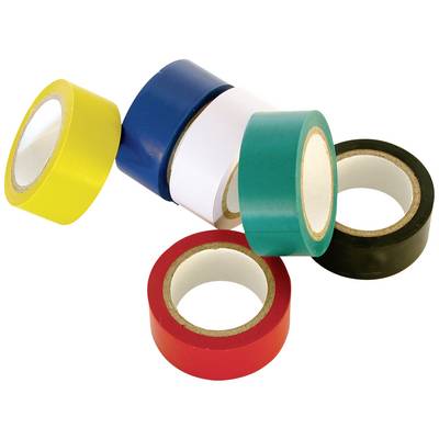 Vijf plakbandrolletjes van verschillende kleuren liggen op een tafel. De kleuren zijn geel, blauw, wit, groen en rood.