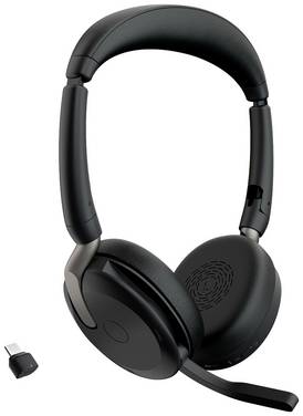 Jabra Evolve2 65 Flex Link380c MS On Ear headset  Bluetooth Stereo Zwart Noise Cancelling Headset, Microfoon uitschakelbaar (mute), Volumeregeling, Inductie, Vouwbaar Computer