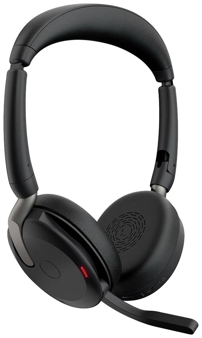 Zwart draadloos headset met microfoon en gepolsterde oorkussens, geschikt voor telefonvergaderingen en muziek luisteren.