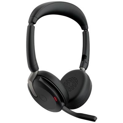 Zwart draadloos headset met microfoon en gepolsterde oorkussens, geschikt voor telefonvergaderingen en muziek luisteren.
