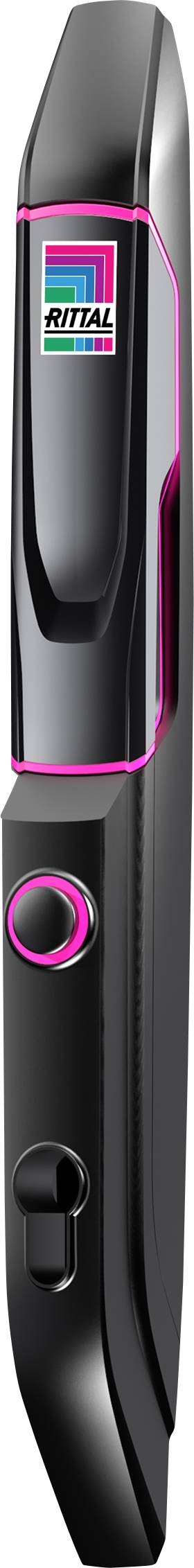 Een elektrische tondeuse met een zwarte behuizing, roze accenten en het merkenlogo aan de bovenkant.