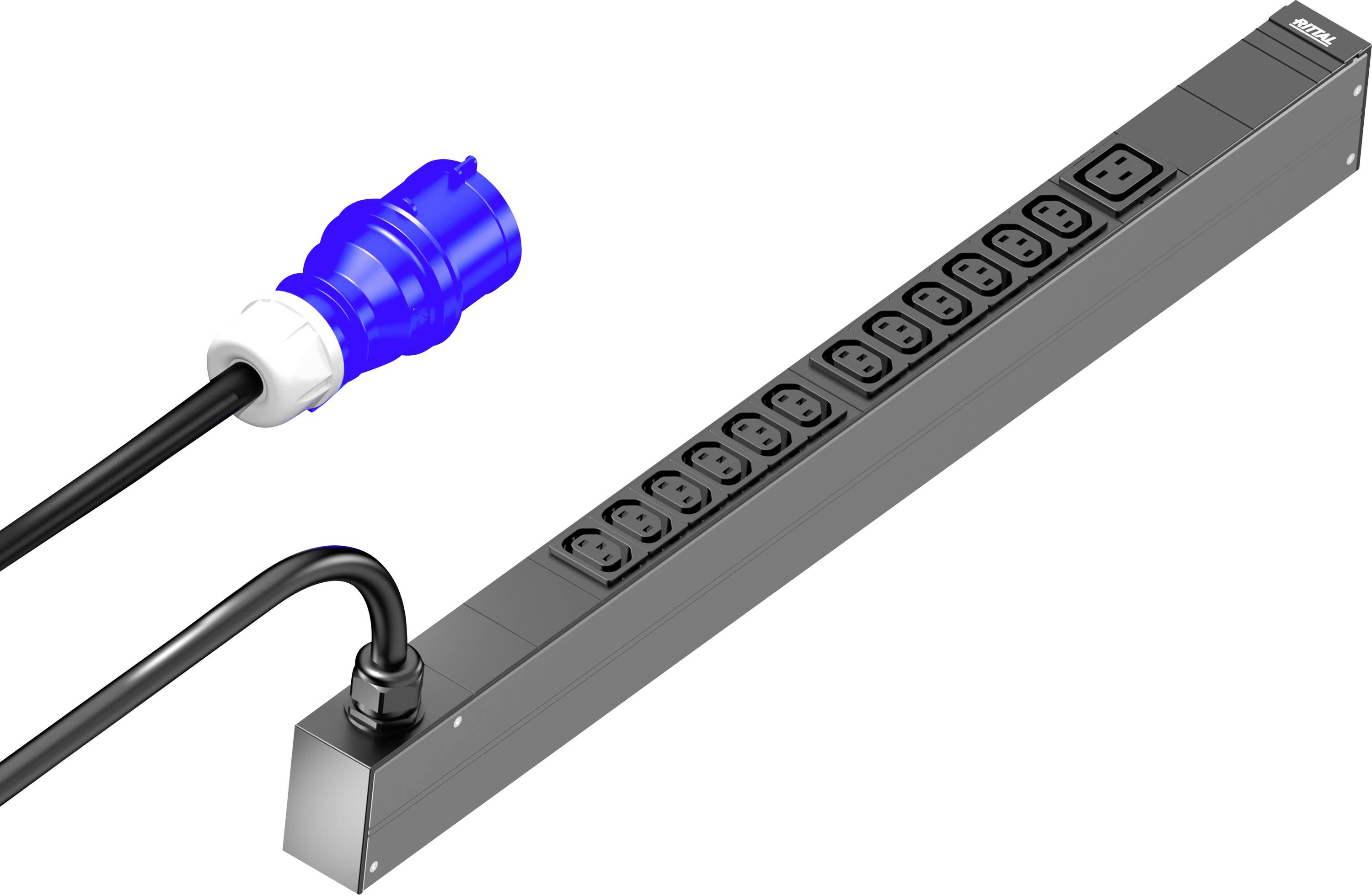 Stroomverdeelstrip met tien aansluitingen en een blauwe, uitneembare stekker, geschikt voor betrouwbare energievoorziening.