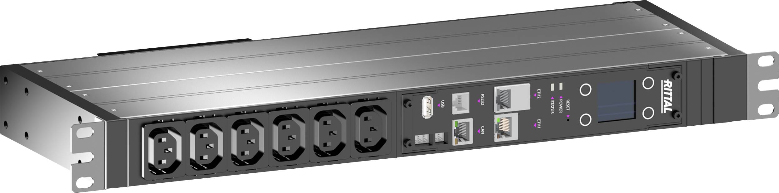 Een zwarte rack-mountable stroomverdeeleenheid met meerdere stopcontacten, display en aansluitingen voor energiebeheer.