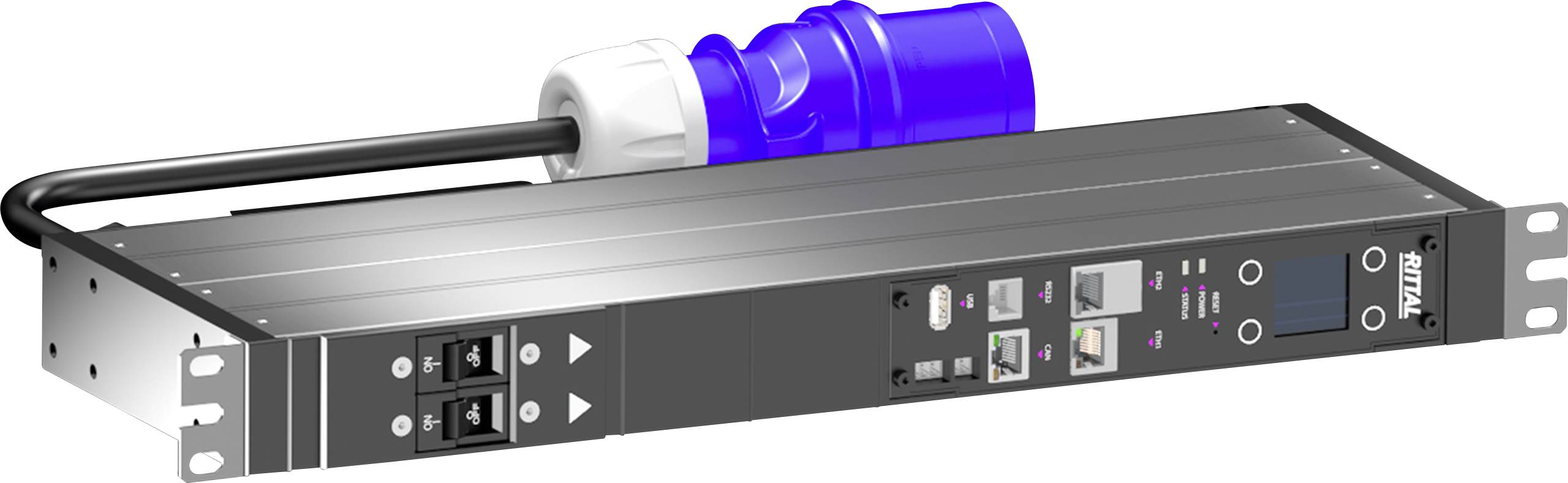 Een zwart-grijs rack-mountbaar stroomverdeeltoestel met meerdere stopcontacten en een blauwe, hoekige stekker voor serverracks.