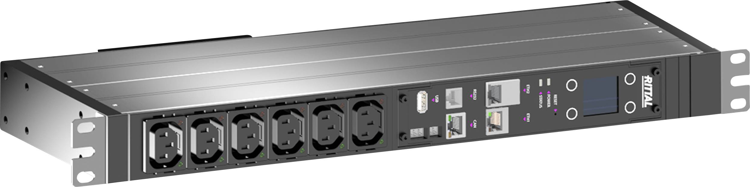 Een zilveren rack-mountable PDU (Power Distribution Unit) met meerdere stopcontacten en netwerkinterfaces voor energiedistributie in datacenters.