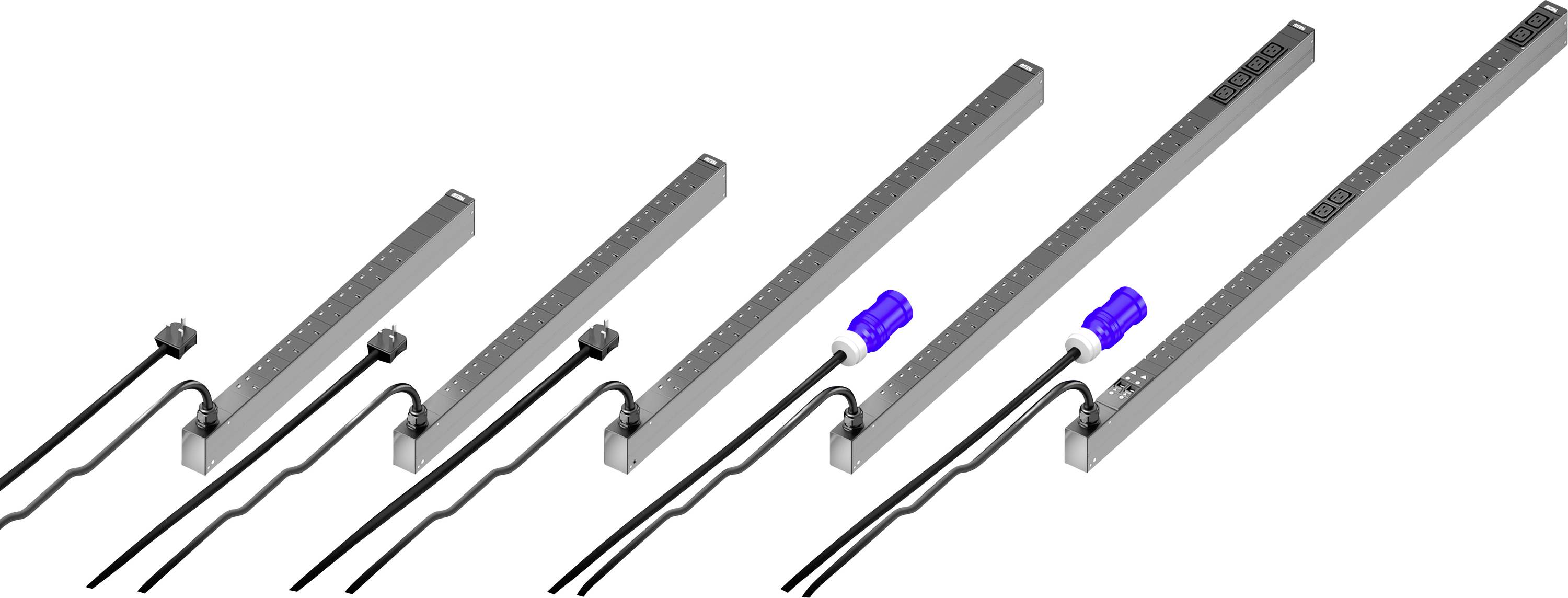 Zes rechthoekige sensormodules met kabels die van links naar rechts groter worden. Enkele modules hebben blauwe afdekplaten.