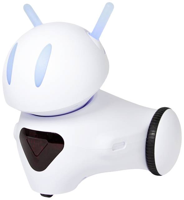 Een kleine, witte robot met ronde vormen en blauwe LED-ogen op wielen.