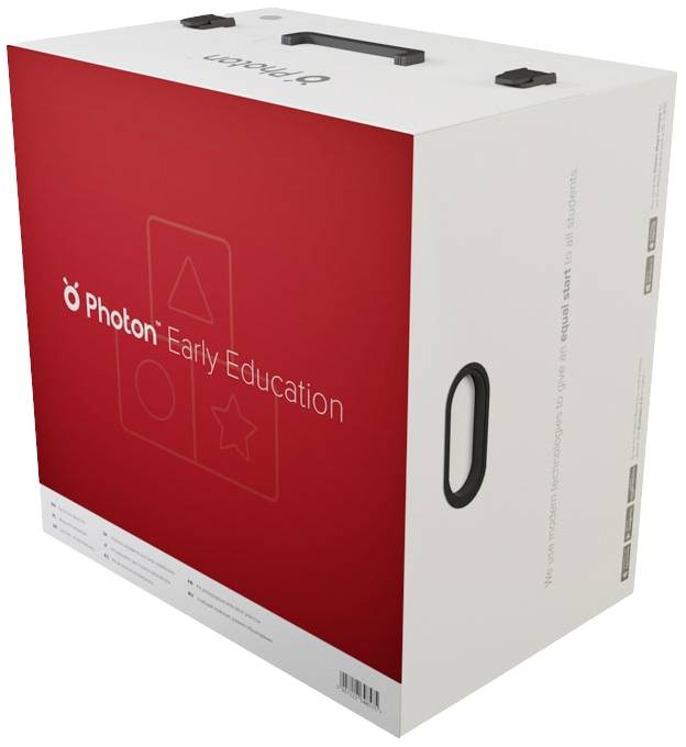 Kartonnen verpakking met rood ontwerp en witte tekst 'Photon Early Education'. Draagbaar met handgrepen aan beide zijden.