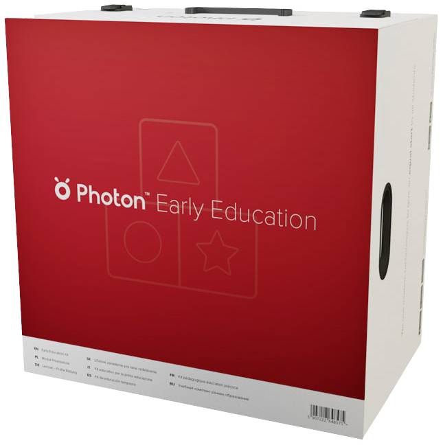 Rode karton met 'Photon Early Education' opdruk en symbolen van cirkel, driehoek en ster. Bevat leermaterialen voor kinderen.