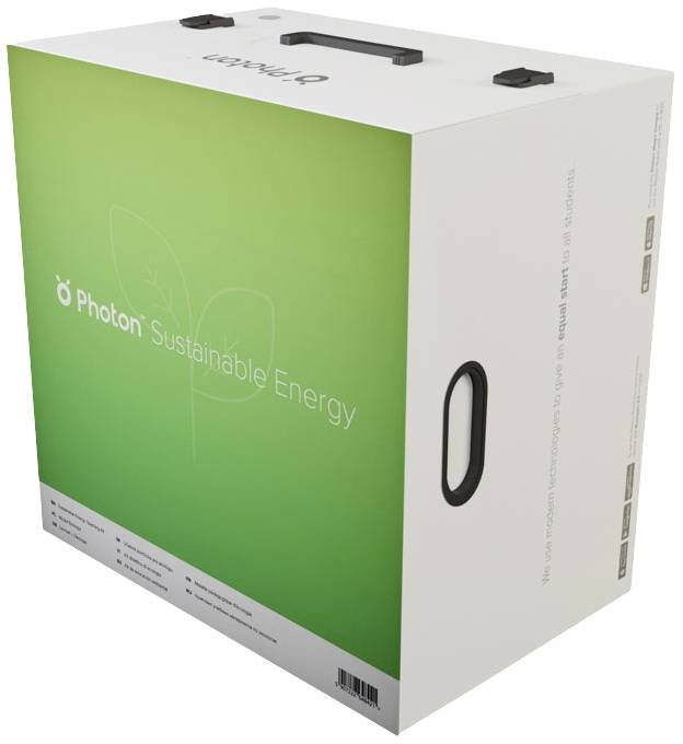 Een groene verpakking met het opschrift 'Photon Sustainable Energy'. Hij heeft handgrepen aan de zijkanten.