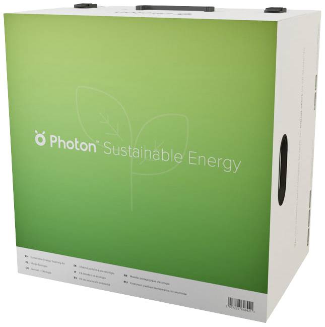Een groene kartonnen doos met het opschrift 'Photon Sustainable Energy', ernaast een symbool met twee bladeren, symboliseert duurzame energie.