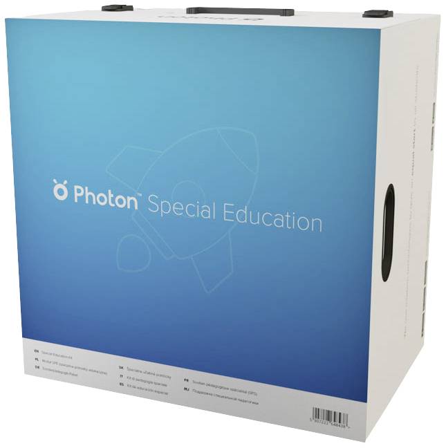 Kartonnen verpakking met blauwe achtergrond en witte tekst: 'Photon Speciaal Onderwijs'. Tekening van een raket op de achtergrond.