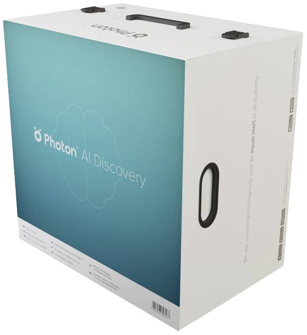 Grote, witte productverpakking met de tekst 'Photon AI Discovery'. Opdruk toont een gestileerd brein en logo op een turquoise achtergrond.