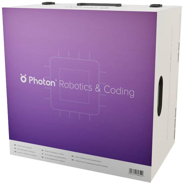 Paarse verpakking met de tekst 'Photon Robotics & Coding', met een microchip-symbool. Verpakking voor een robotprogrammerings-set.