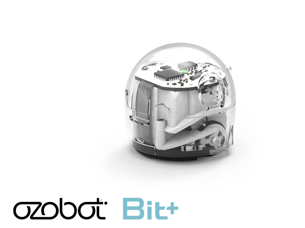 Een kleine, transparante robot met elektronische componenten, gemarkeerd met 'ozobot Bit+'.