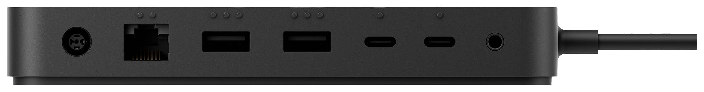 Externe USB-C-dockingstation met meerdere poorten: netwerkkabelaansluiting, twee USB-A, twee USB-C en een audioaansluiting.