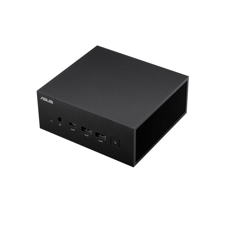 Een vierkante, zwarte mini-pc van ASUS met meerdere aansluitingen aan de voorkant, inclusief USB en HDMI.