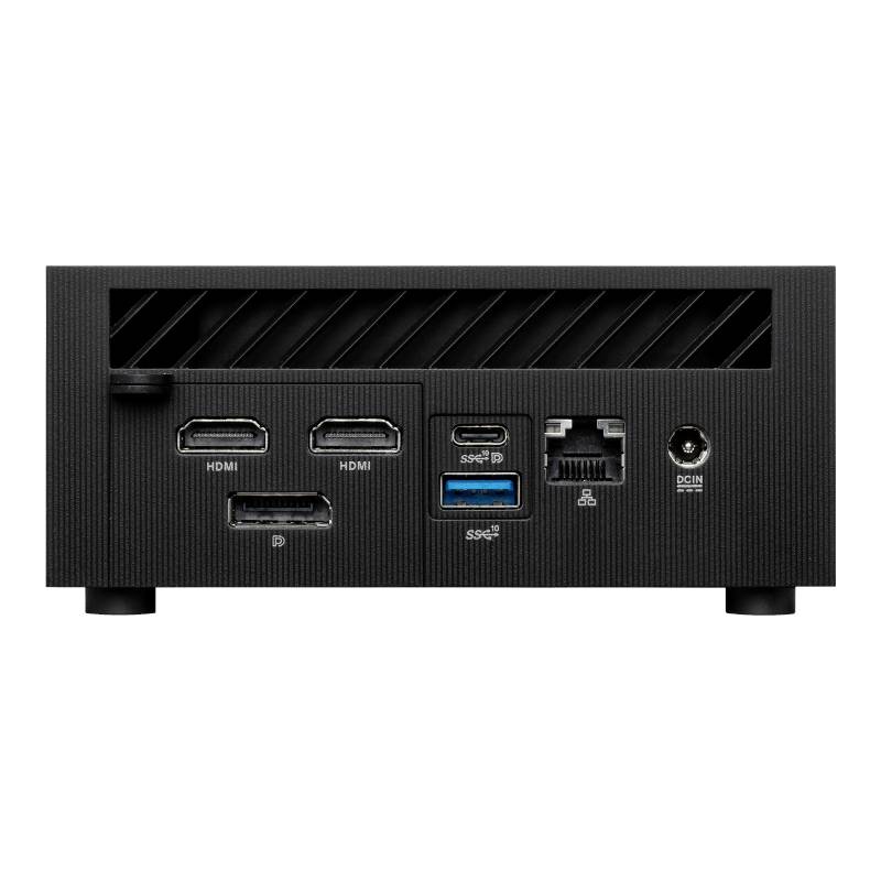 Achteraanzicht van een elektronisch apparaat met meerdere aansluitingen, waaronder HDMI, USB, LAN en een netvoedingsaansluiting.
