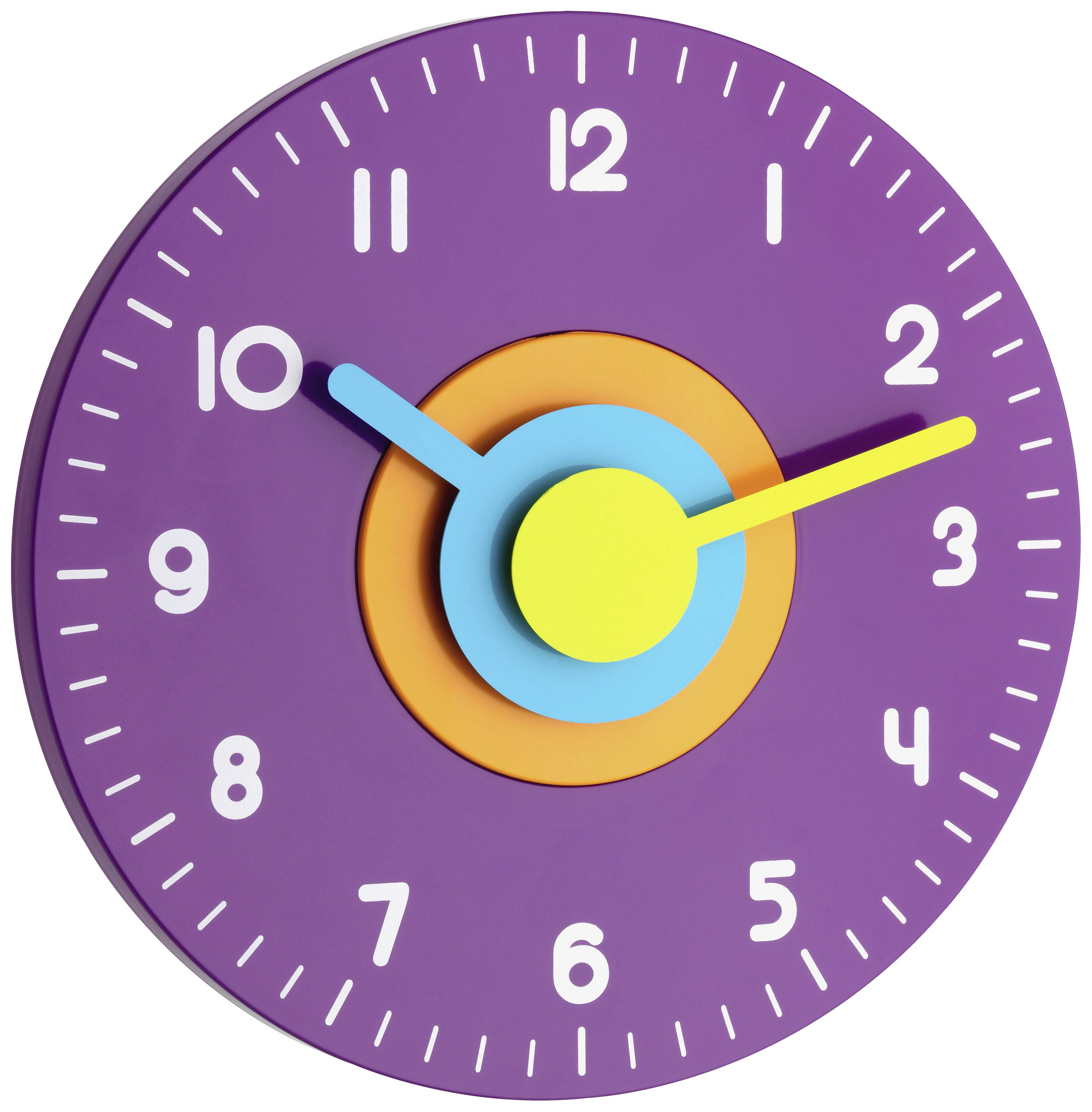 Een horloge met een paarse wijzerplaat en witte cijfers. De wijzers zijn blauw en geel, en wijzen naar 10:10 uur. Kindvriendelijk ontwerp.