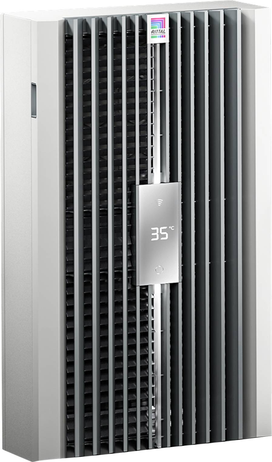 Airconditioner met digitaal display toont '35 °C'. Verticale ventilatiesleuven en merklogo bovenaan zichtbaar.