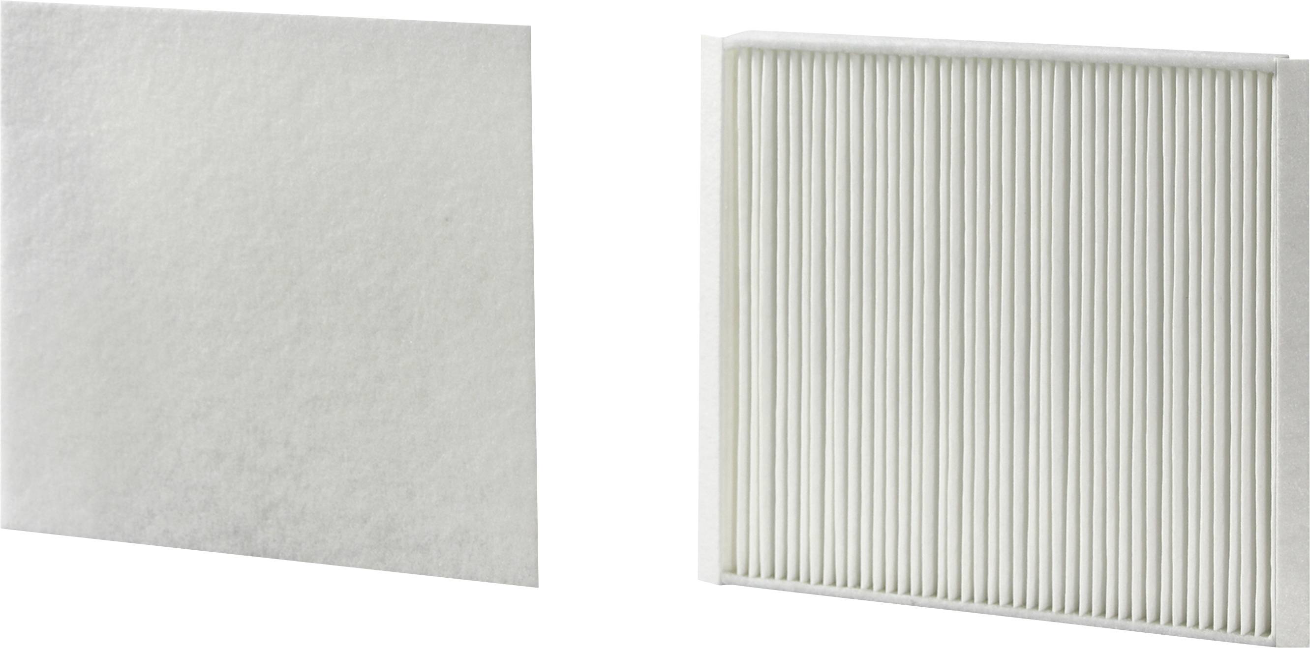 Twee witte filters: links een plat, vierkant filter, rechts een gevouwen, rechthoekig filter, beide van vergelijkbaar materiaal.