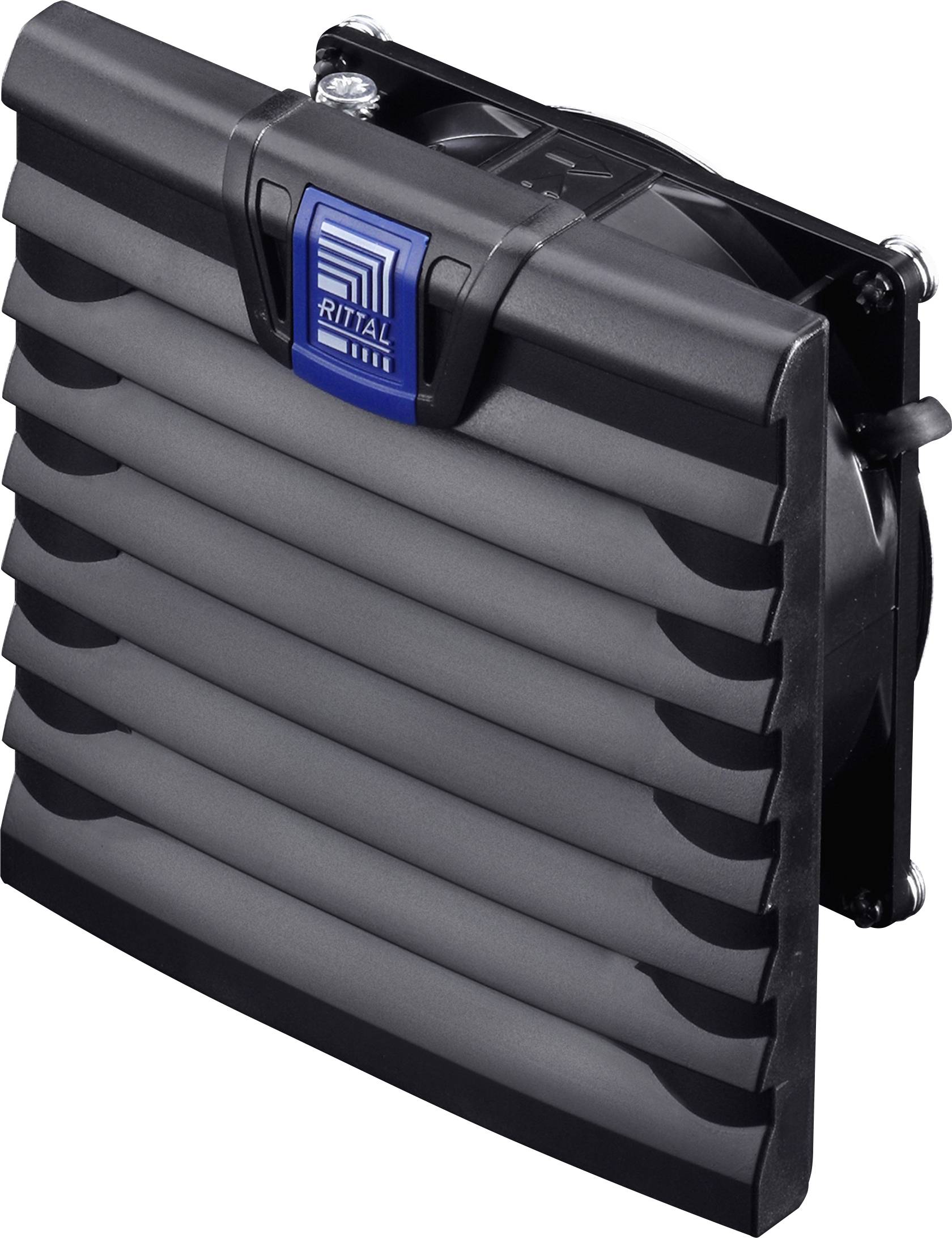 Grijs ventilatierooster met ventilatorunit van Rittal, rechthoekige vorm, voor koeling en ventilatie van elektronische behuizingen.