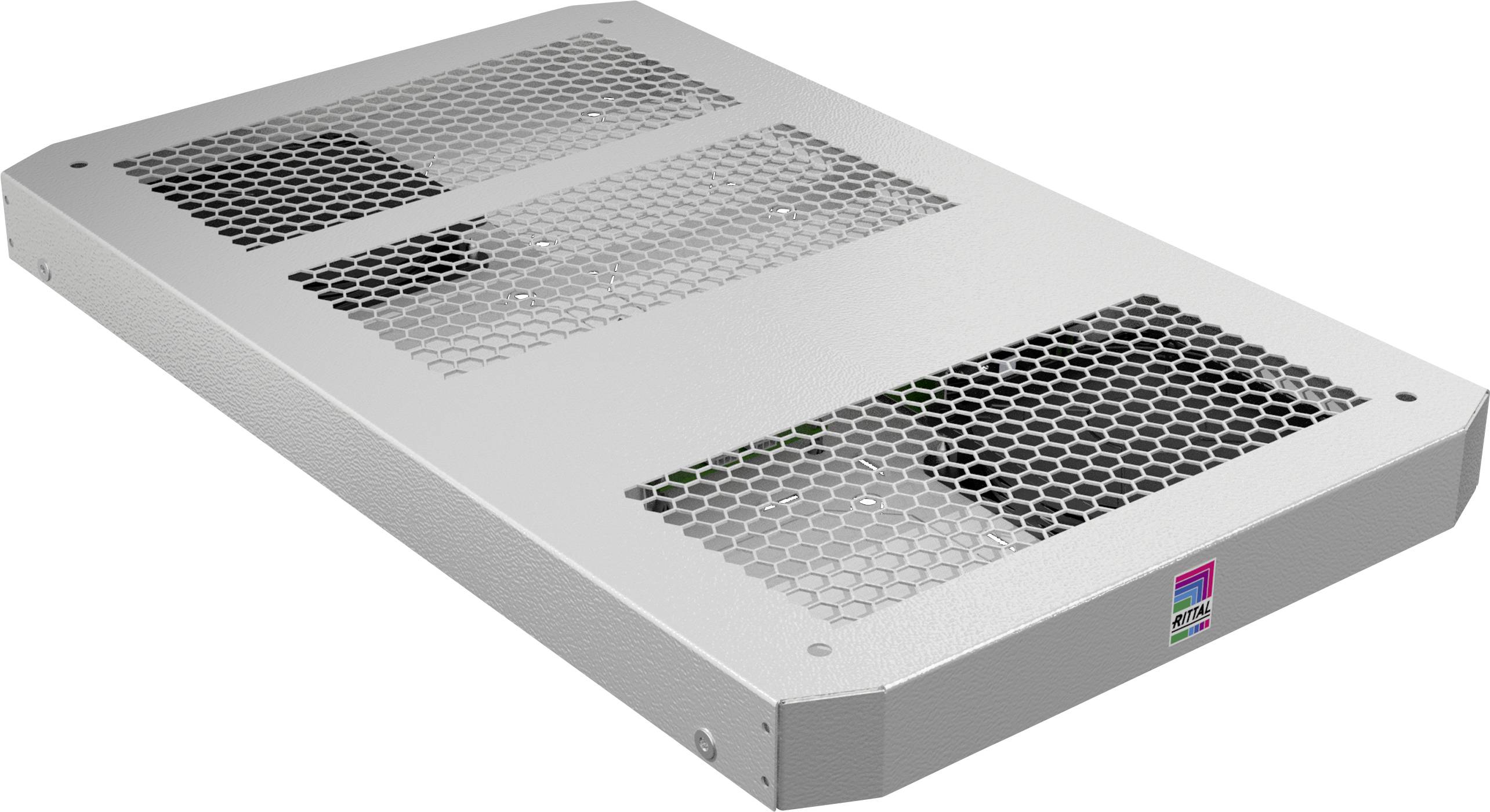 Een grijze metalen filterafdekking met honingraatstructuur, vermoedelijk voor een ventilatie-installatie, ligt op een wit oppervlak.