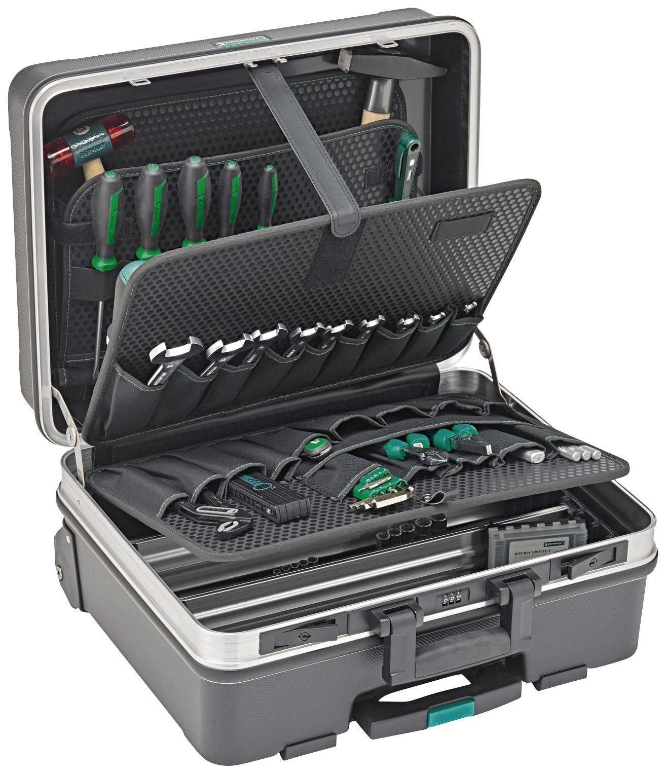 Een geopende gereedschapskoffer met verschillende gereedschappen zoals schroevendraaiers, hamer en tang, netjes georganiseerd in vakken.