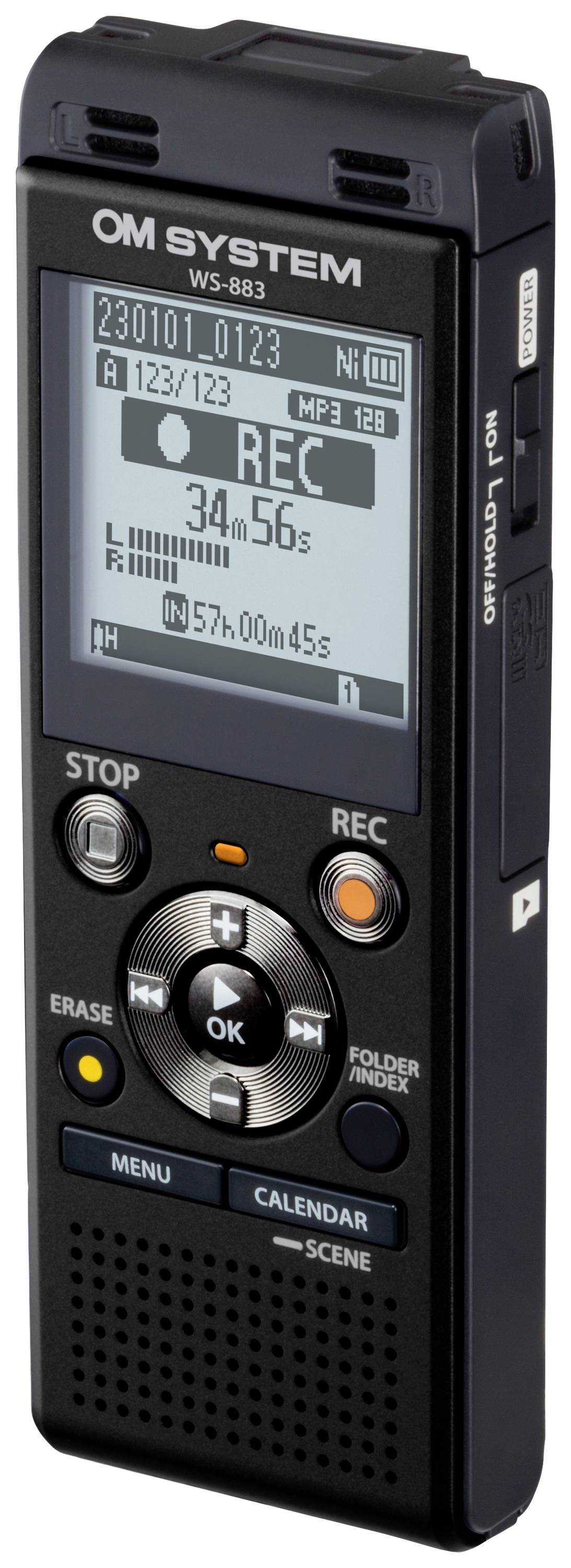 Dictafoon van OM System met displayweergave, opnametijd en bedieningsknoppen.