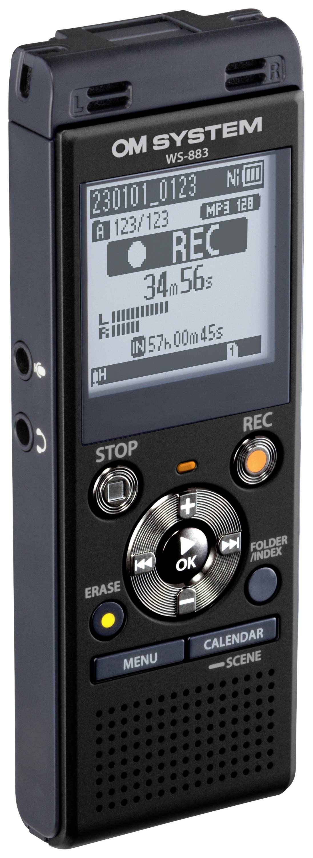 Een digitaal dictafoon met microfoon, display en bedieningsknoppen. Toont opnametijd en batterijstatus.