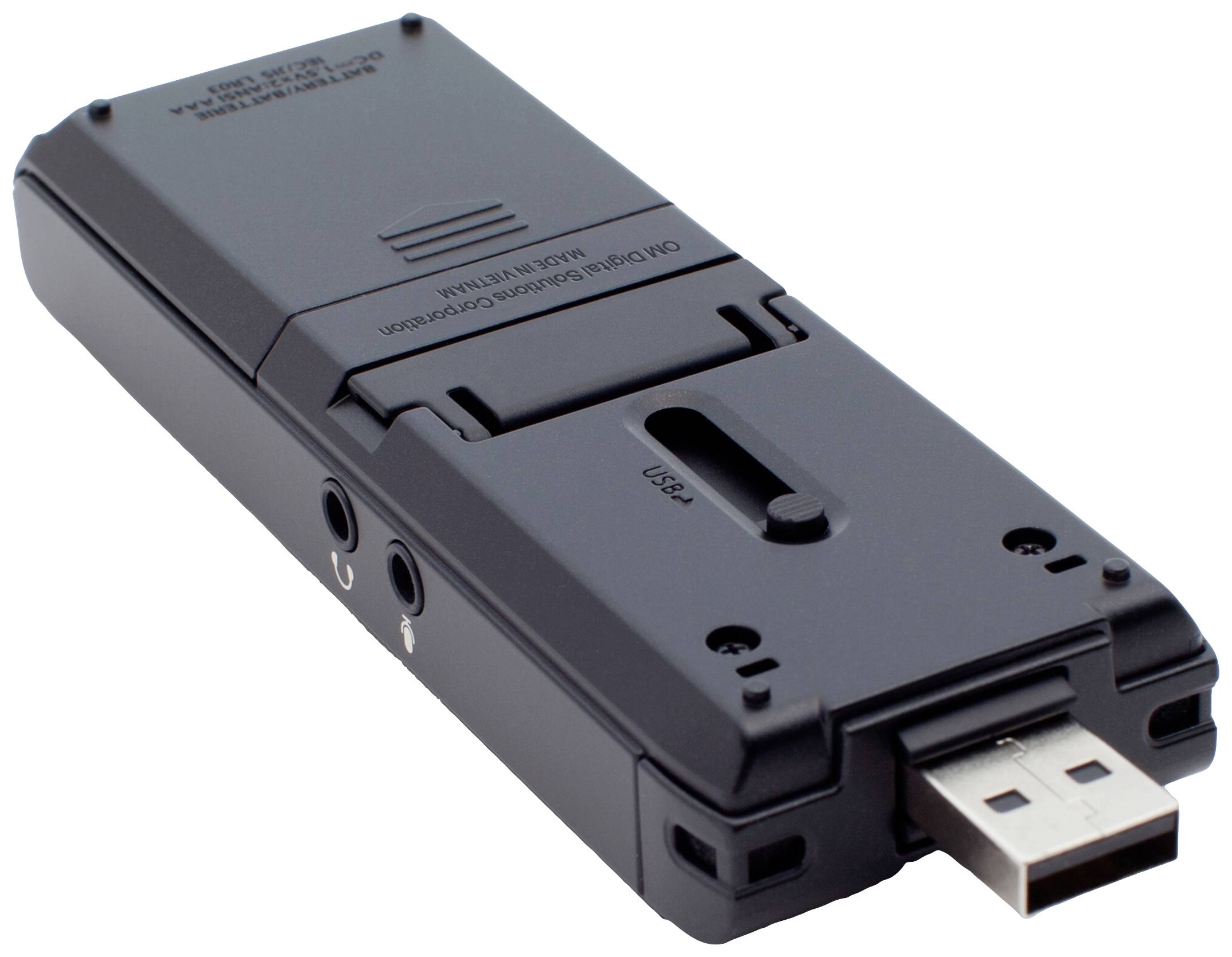 USB-cassetterecorder in zwart, toont USB-stekker en audio-aansluitingen voor digitalisering van cassettes.
