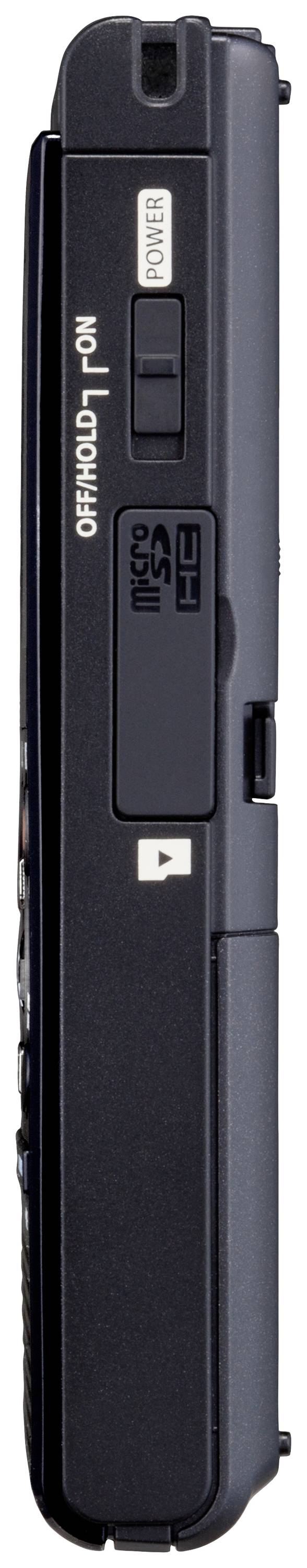 Een zwarte, slanke digitale recorder met een zijdelingse Micro-SD-kaartsleuf, netschakelaar en He/To-schakelaar.