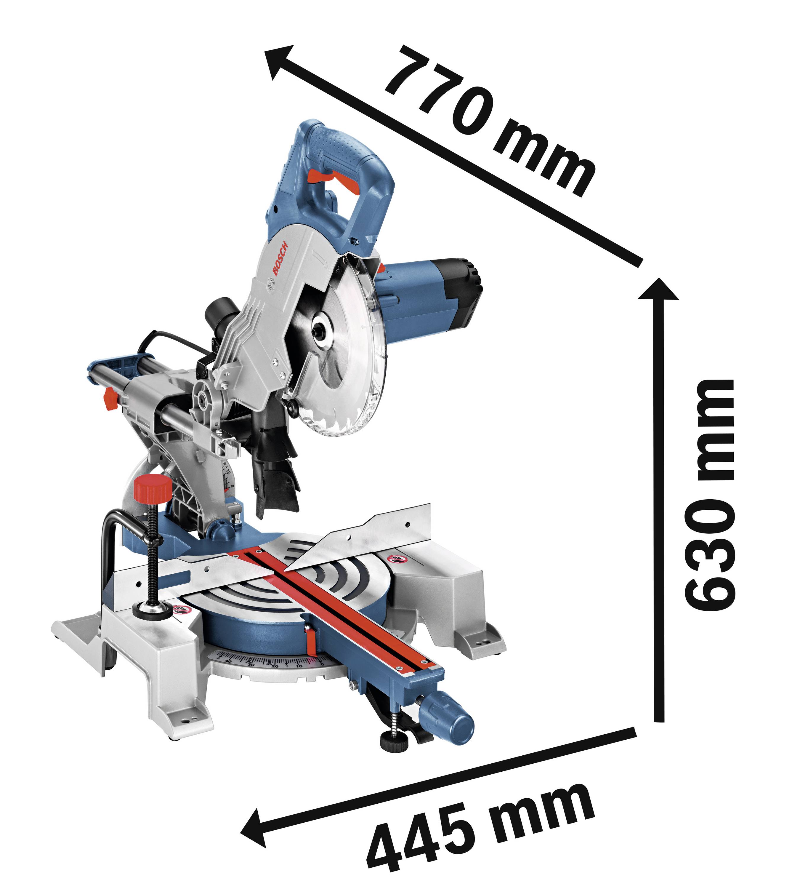 Kap- en verstekzaag met blauwe en zilveren kleurstelling. Afmetingen: hoogte 630 mm, breedte 770 mm, diepte 445 mm.