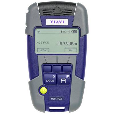 Een optische vermogensmeter toont een resultaat van -15,73 dBm voor XGS-PON bij 1577 nm golflengte op het digitale display.