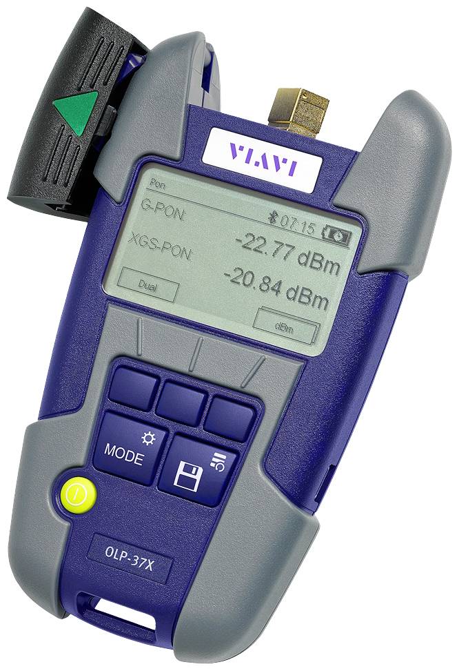 Draagbaar apparaat voor het meten van optische signalen, toont waarden voor 'GPON' en 'XGS-PON' met meetwaarden -22,77 dBm en -20,84 dBm.