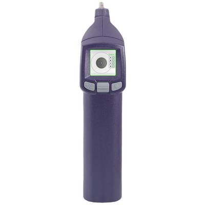 Lila elektronische oorthermometer met digitaal display en startknop, voor het meten van de lichaamstemperatuur in het oor.
