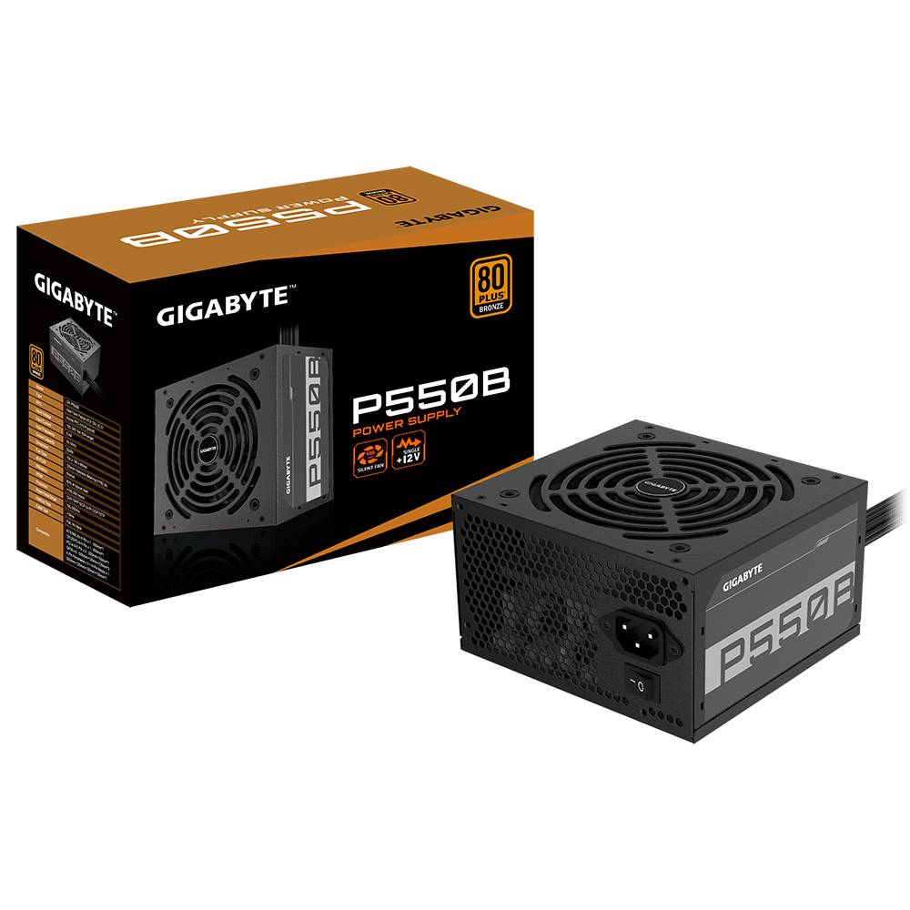 Een zwarte PC-voeding van het merk Gigabyte P550B met 80 Plus Bronze certificering naast zijn verpakking afgebeeld.