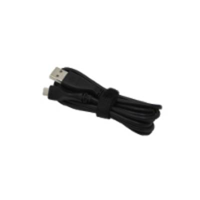 Een opgerolde zwarte USB-kabel met klittenbandsluiting.