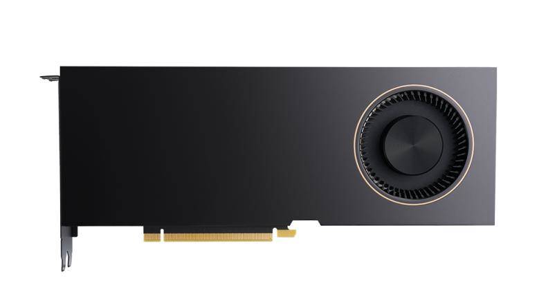 Een zwarte videokaart met een ventilator aan de rechterkant en gouden accenten. Model niet gespecificeerd.