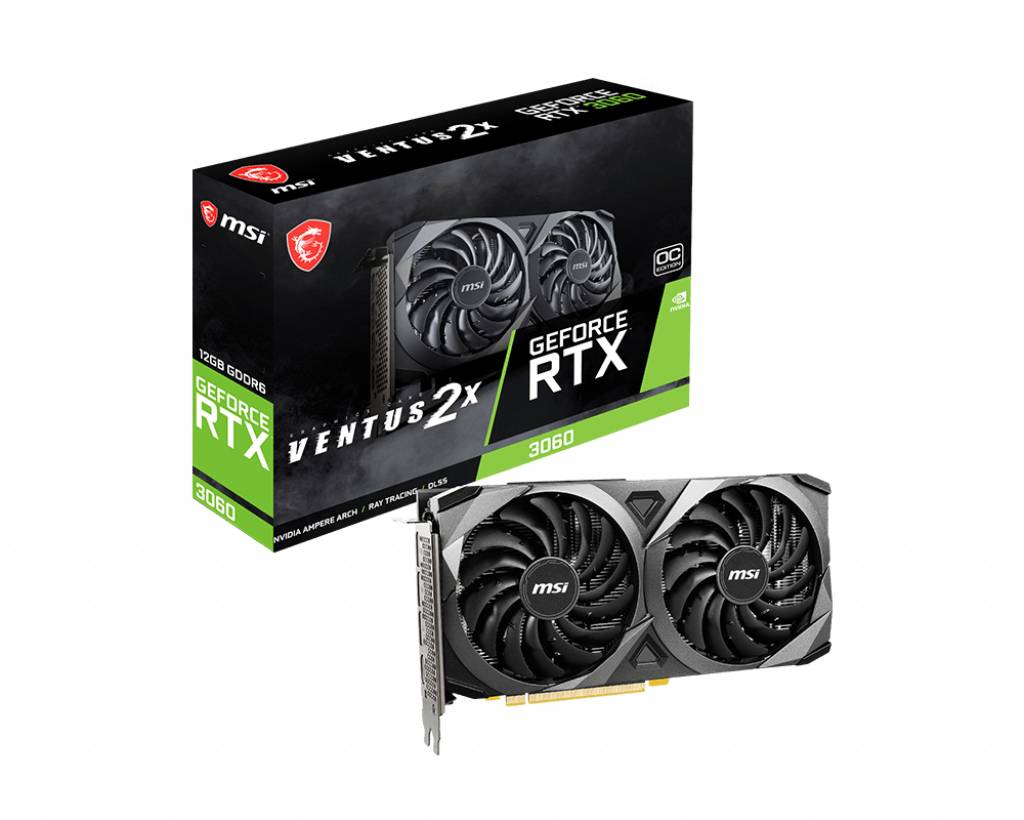 Een MSI GeForce RTX 3060 videokaart en zijn verpakking. De verpakking toont een afbeelding van de kaart en het MSI-logo.