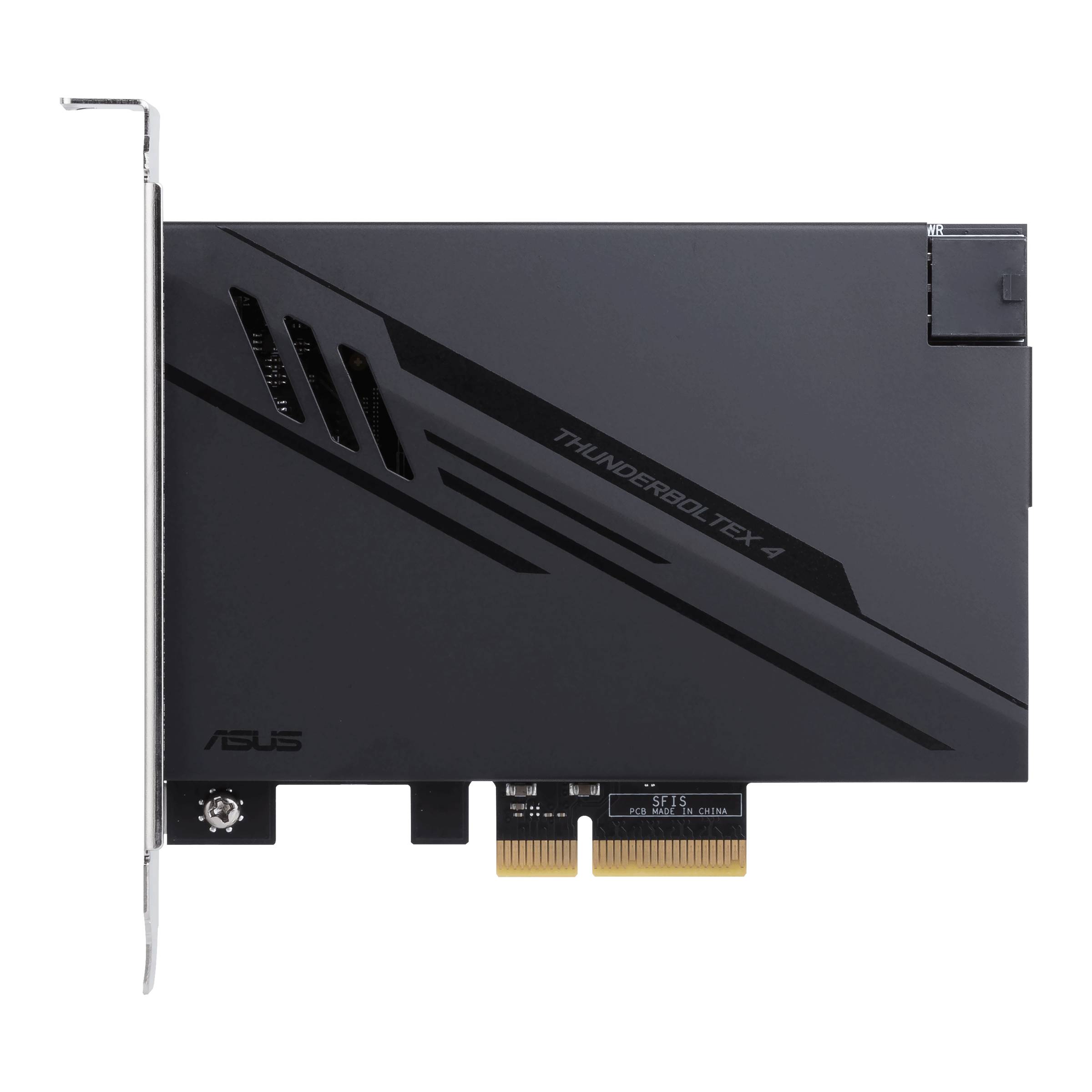 Zwarte Asus ThunderboltEX 4 PCIe-uitbreidingskaart met gouden contacten onderaan en opschrift 'THUNDERBOLTEX 4' bovenaan zichtbaar.
