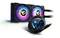 Vloeistofkoelsysteem met LED-verlichte ventilatoren en display toont 'CPU 35°C'. Geschikt voor gaming-pc's.