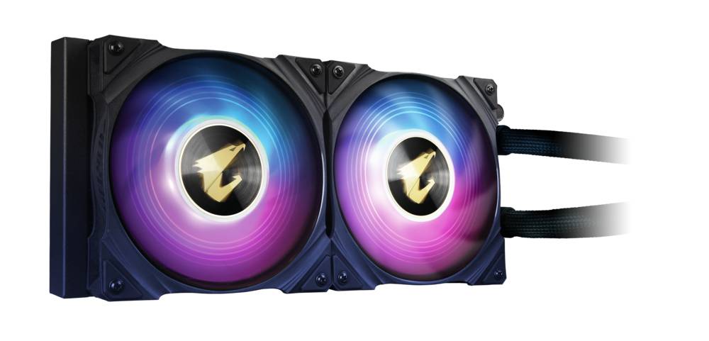 Een RGB-gecontroleerd computerkoeltoestel met twee oplichtende ventilatoren die paars en blauw schijnen, met een logo in het midden.