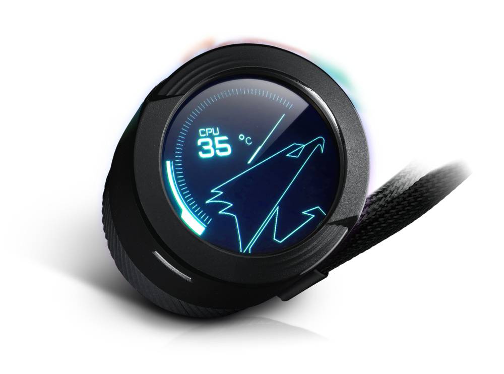 Een ronde, zwarte smartwatch met een digitaal display toont 'CPU 35°C' en een gestileerd vogel-logo.