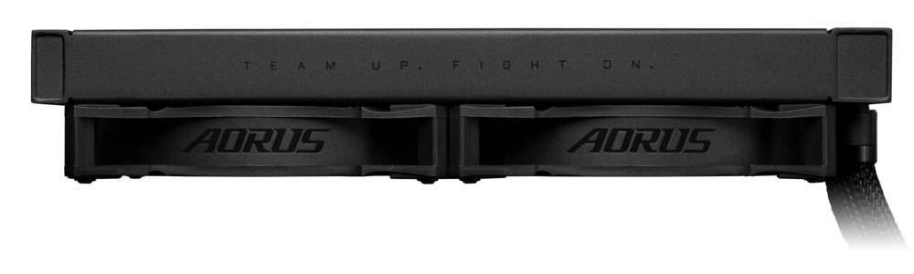 'Zicht op de AORUS PC-ventilator vanaf de zijkant met de tekst TEAM UP. FIGHT ON.'
