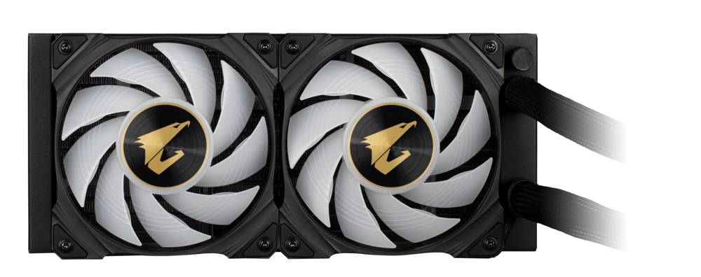 Pc-koelsysteem met twee ventilatoren die een logo in het midden dragen. De zwarte ventilatoren zijn met kabels verbonden.