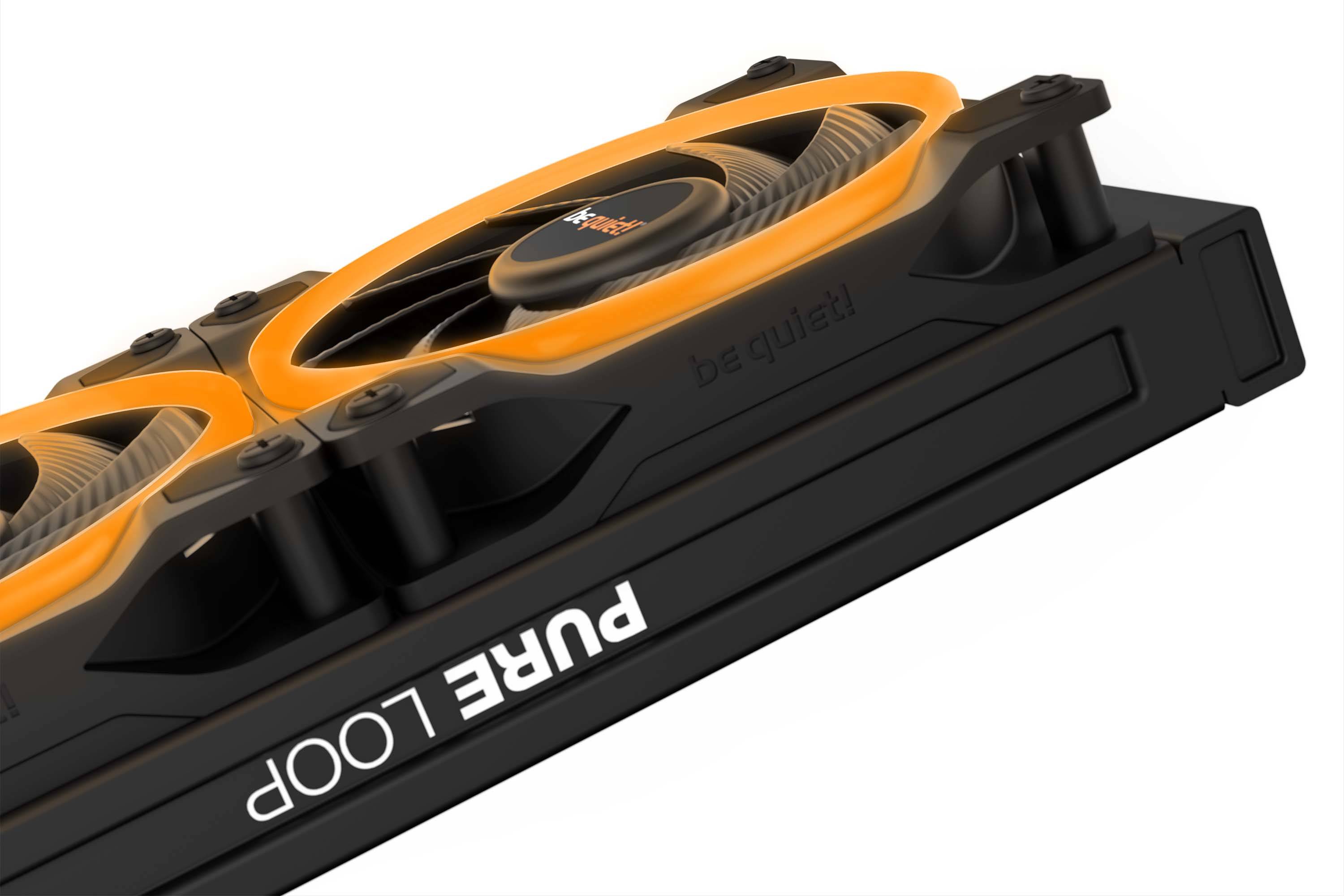 Koeler met het merknaam 'PURE LOOP' en 'be quiet!' in het zwart en oranje, toont twee ventilatoren.