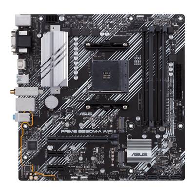 Een computermoederbord, model 'Asus Prime B550M-A WiFi', met vier RAM-sleuven en meerdere aansluitingsmogelijkheden.