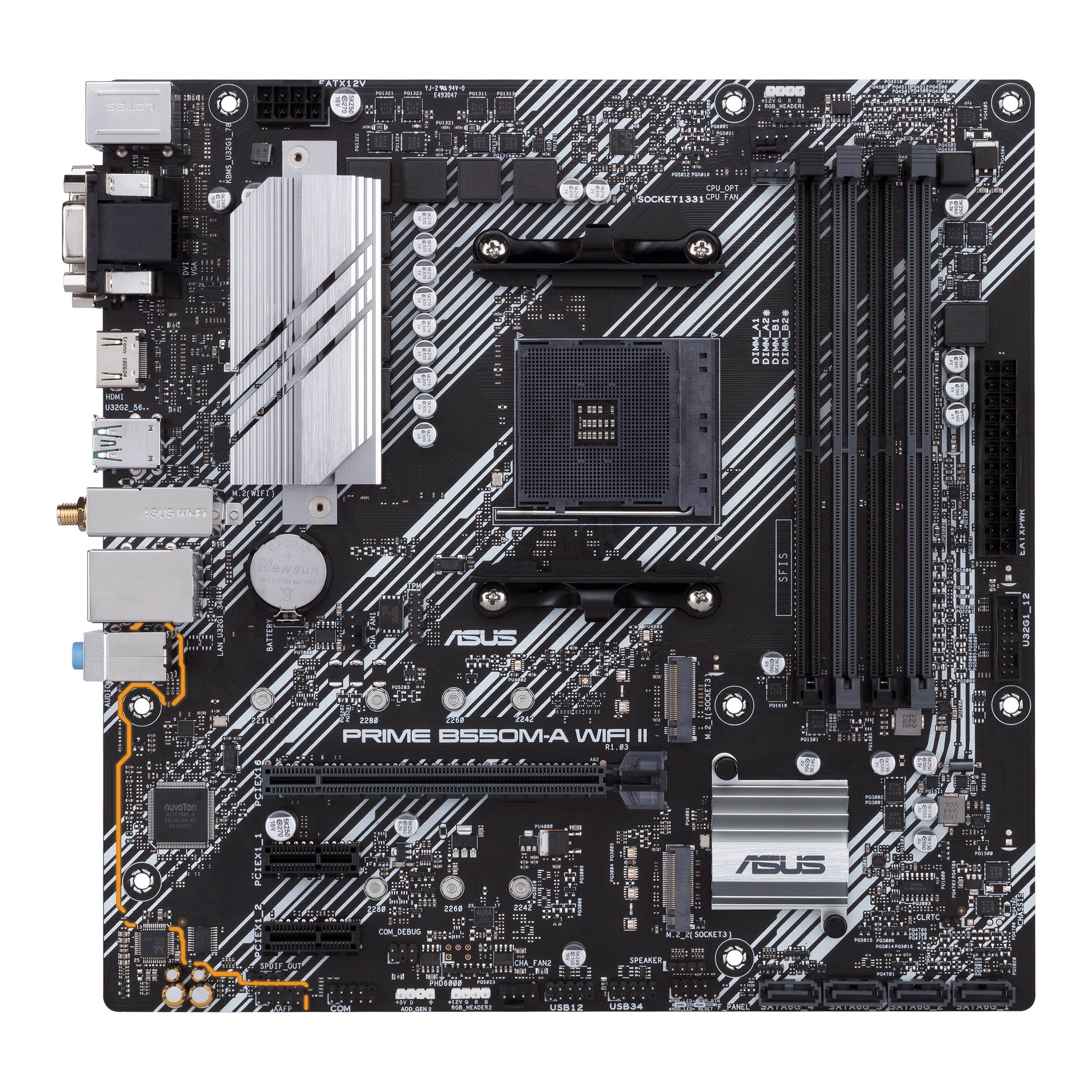 'ASUS Prime B550M-A Wi-Fi Moederbord met AMD AM4-socket en PCIe 4.0, drie DIMM-sleuven en meerdere aansluitingen voor uitgebreide connectiviteit.'
