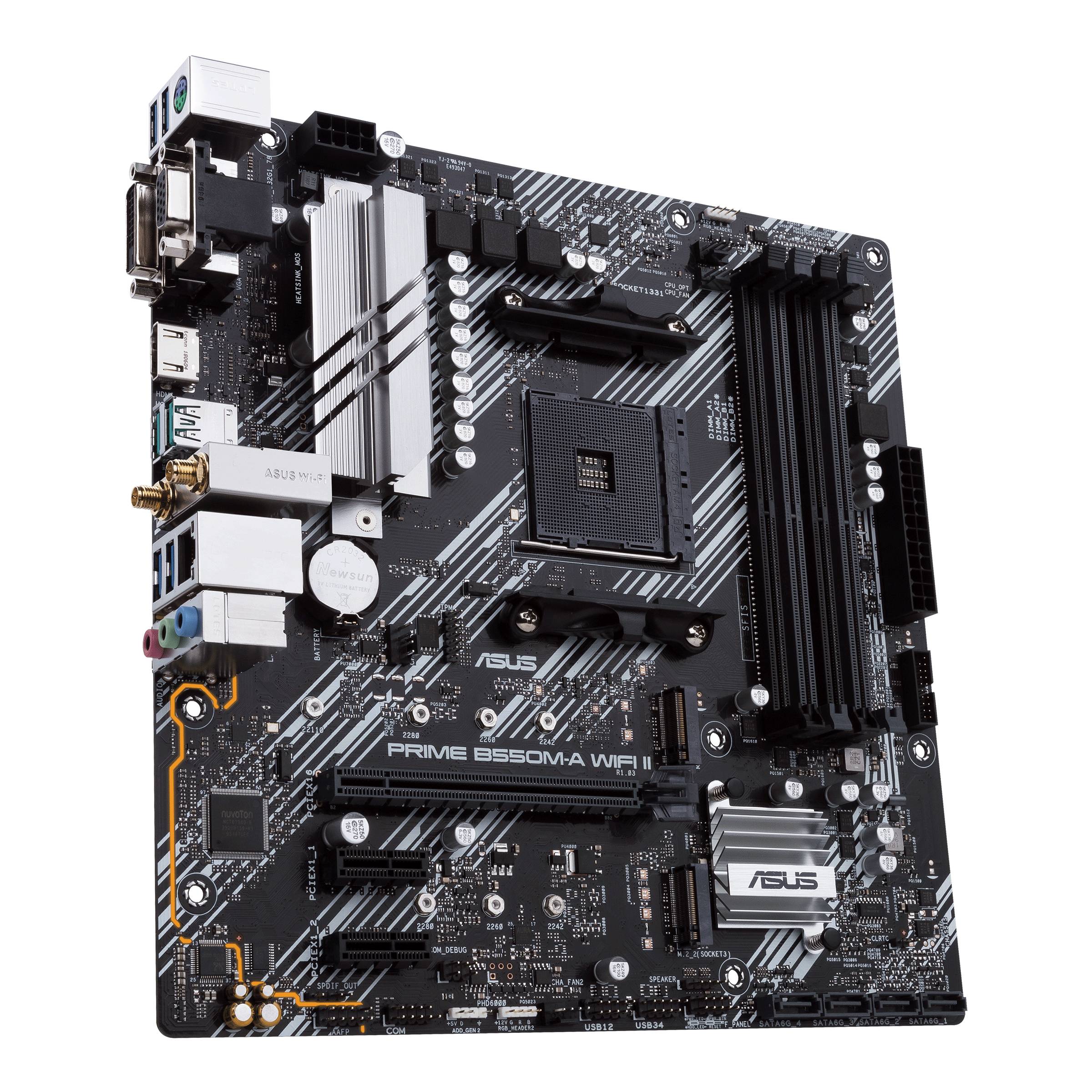 Een zwarte ASUS-moederbordplaat, model PRIME B550M-A WIFI II, met verschillende aansluitingen en sleuven voor pc-componenten.